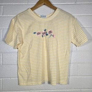 Vtg Shenanigans T-Shirt Large Yellow White Striped Sunflower Embroidered Tee 90s